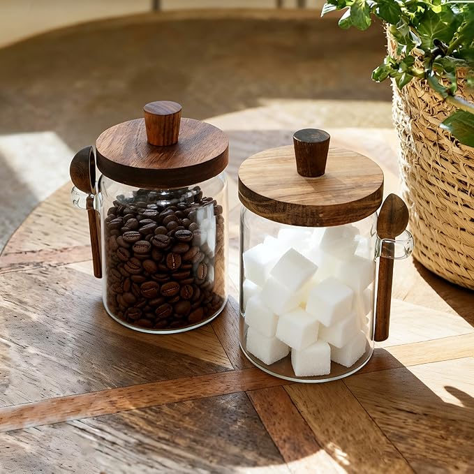 Glass Food Storage Jar with Acacia Wooden Lid and Spoon, Airtight Container for Cereals, Cookies, Snacks, Kitchen Canister Set (2 Pcs, Medium/20oz)
