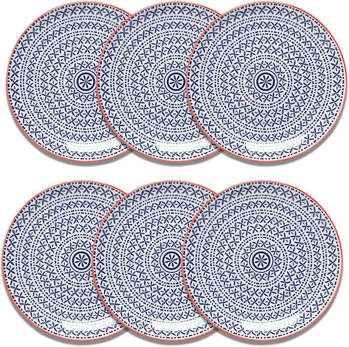 Now Designs Blue Cross Porcelain Stamped Appetizer Plate, 6 inch, Set of 6