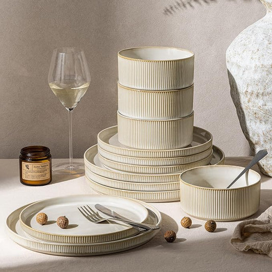 GBHOME 12-Piece Stoneware Dinnerware Set for 4 – Ribbed Ceramic Plates and Bowls, Scratch-Resistant, Microwave & Dishwasher Safe, Reactive Glaze, Oatmeal Veil