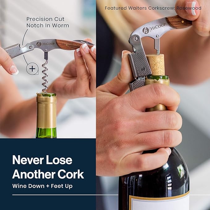 Hicoup Wine Opener - Professional Corkscrews for Wine Bottles w/Foil Cutter and Cap Remover - Manual Wine Key for Servers, Waiters, Bartenders and Home Use - Stainless Steel With Sandalwood