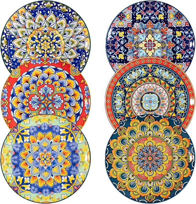 Sweejar Salad Plates 8 Inch,Ceramic Dessert Plates Set of 6,Bohemian Style Small Dinner Plates Dishwasher and Microwave Safe Round Colorful Dishes for Kitchen