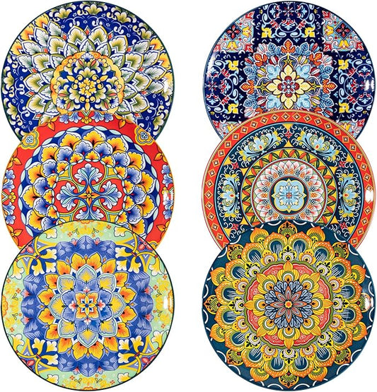 Sweejar Salad Plates 8 Inch,Ceramic Dessert Plates Set of 6,Bohemian Style Small Dinner Plates Dishwasher and Microwave Safe Round Colorful Dishes for Kitchen