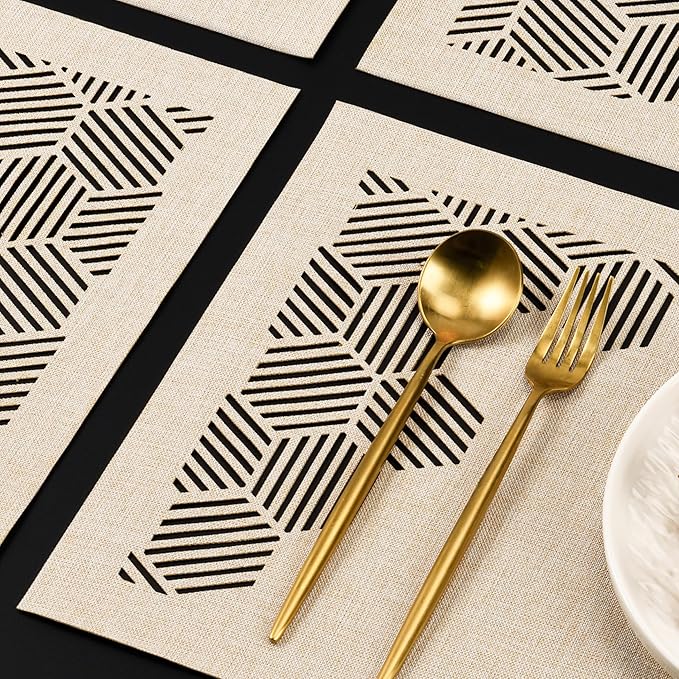 Decorative Placemats Set of 4 for Dining Table, Cloth Placemats with Hollow Design Table Cloth Set, Table Mats for Dining Table 12"x18" Sand