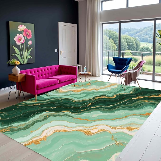 Green Gold Marble Texture Indoor Rugs for Living Room Bedroom Dining Room Soft Non Skid Thin Large Area Rug Nursery Farmhouse Art Deco Floor Mats Dorm Kitchen Modern Abstract Home Office Carpet 5x7