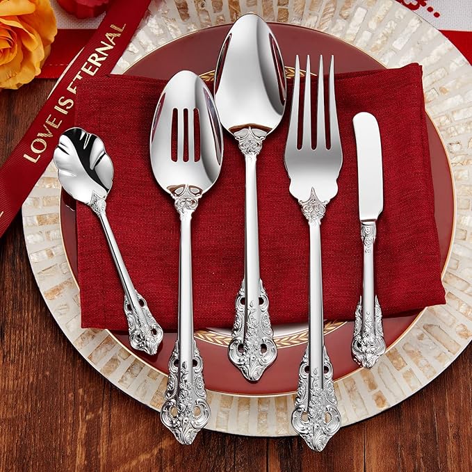 KEAWELL Luxury 65-Piece Silverware Set, 18/10 Stainless Steel, Service for 12, Mirror Finish, Antique Baroque Design, Dishwasher Safe (Silver)