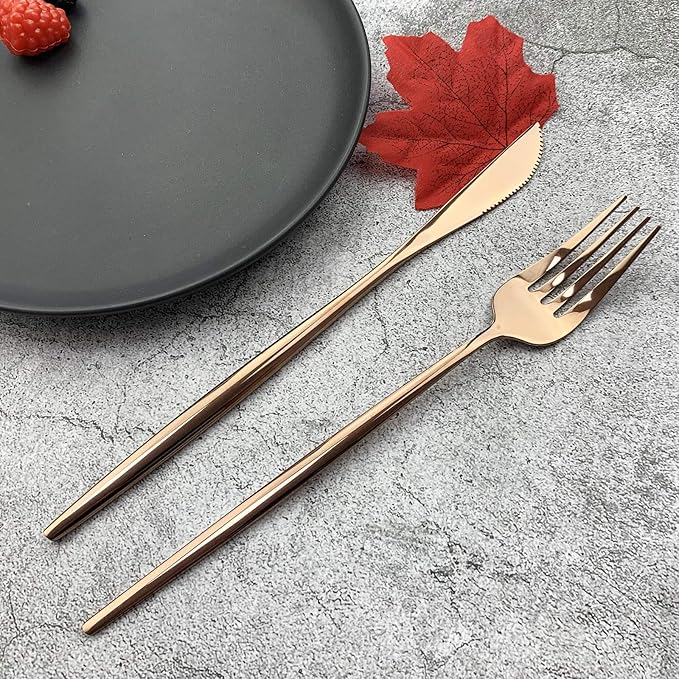 JASHII 32 Pieces Stainless Steel Rose Cutlery Set Home Kitchen Silverware Set, Mirror Polished, Knife/Fork/Spoon, Modern Elegant Silverware Set for Party, Christmas