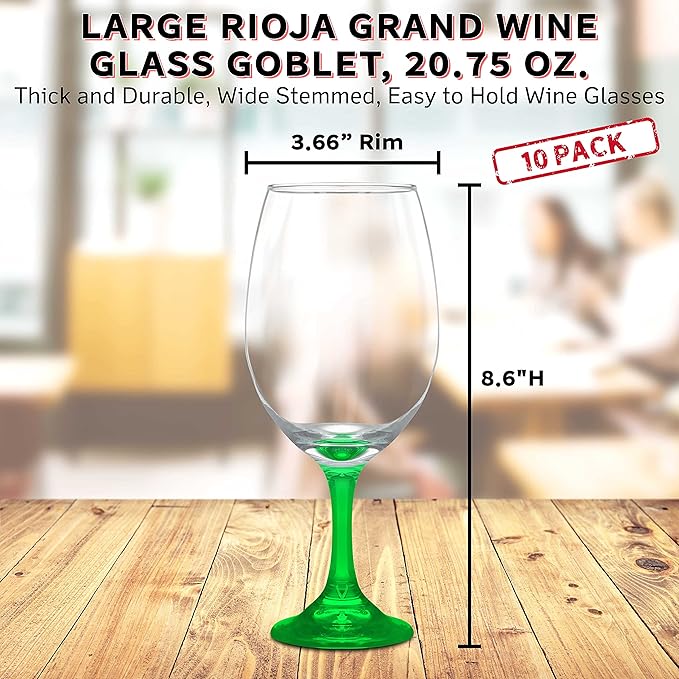 DISCOUNT PROMOS Rioja Grand Wine Glasses 20.75 oz. Set of 10, Bulk Pack - Perfect for Hotel, Bar, Restaurant or Lounge - Green