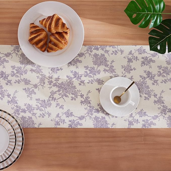 100% Cotton French Pastoral Table Runners, 13x90 Inch Purple Farmhouse Table Runners 90 Inches Long, Vintage Flowers Print Home Decors