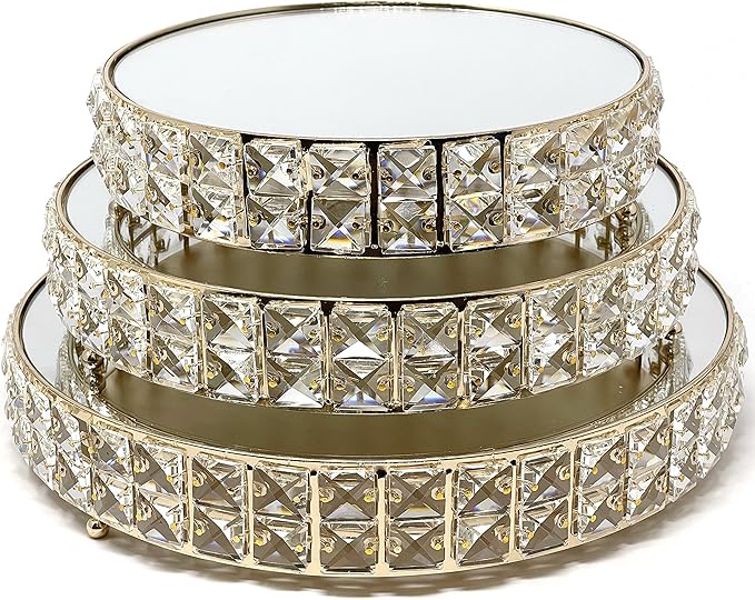 allgala Wedding Cake Stands 3-Piece Set Crystal Gold Plated Cheese Dessert Cupcake Cake Stand with Mirror Plate-Gold Round-HD89202