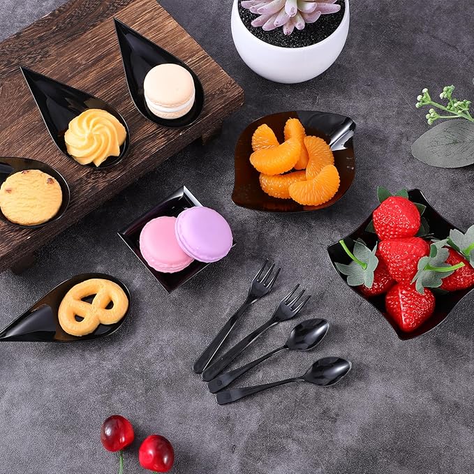 200 Pcs Mini Dessert Plates with Spoons and Forks Disposable Appetizer Plates Set Assorted Shape Dessert Bowls And Serving Trays Plastic Party Plate For Desserts Appetizer Tasting Wedding Events
