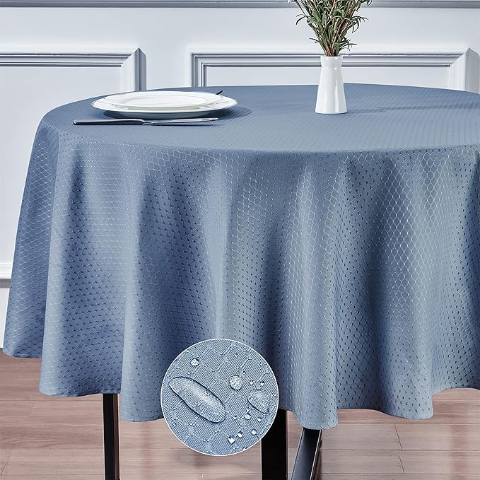 Rectangle Table Cloth Linen Farmhouse Stainproof Waterproof Washable Polyester Oblong Rectangular Fabric Table Cover for Kitchen Dining Dinner (Light Blue, Round 70'' Inch)