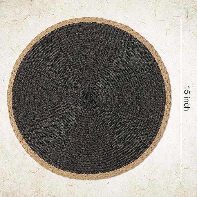 Noctiflorous Round Placemats Set of 4, 15 Inch Braided Hand Woven Table Mats, Heat Resistant Non-Slip Wipeable Thin Edge Place Mats for Kitchen Dining Indoor Outdoor Use(Black, 4)