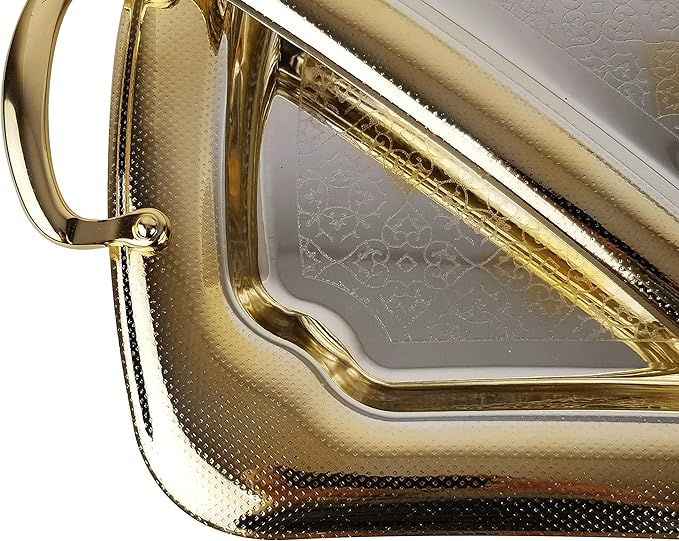 Elegant Rectangular Silver & Gold Stainless Steel Serving Tray with Handles. 2 Pieces Set