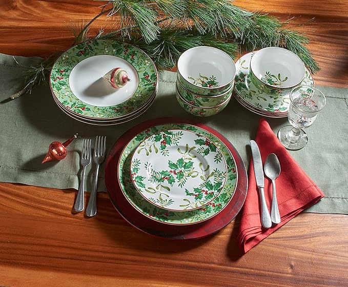 222 Fifth Christmas Foliage 12-Piece Porcelain Dinnerware Set for 4 - Glossy White Plates and Bowls Sets with Green Holly and Berry Design, Durable Ceramic Dish Set for Holiday Dining, Elegant Dishes
