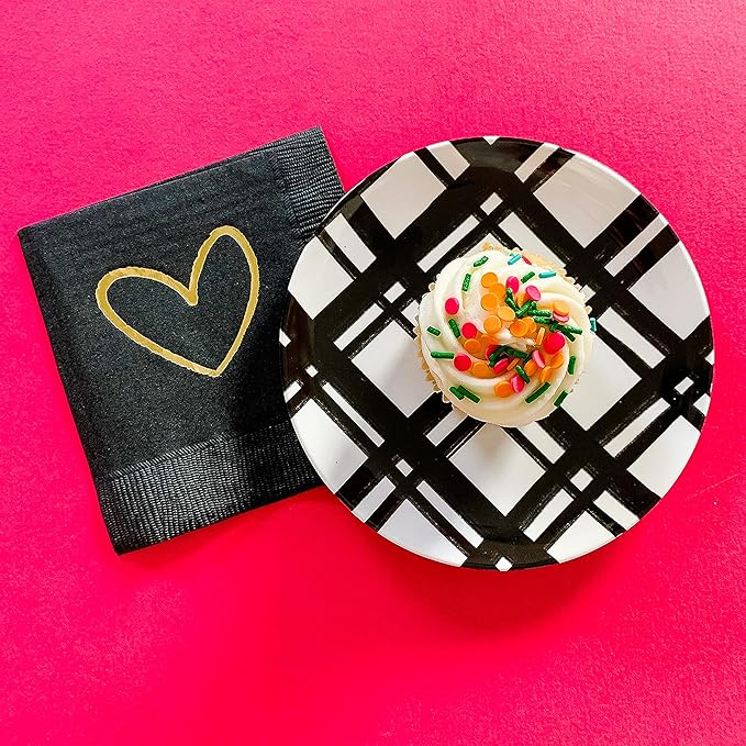 Sprinkles & Confetti Melamine Plate Set 6" Appetizer Plates, Reusable Outdoor Dinnerware for Entertaining, Patio & Picnic | Modern Black Plaid Design, Durable & Stylish Dish Set (Set of 4)