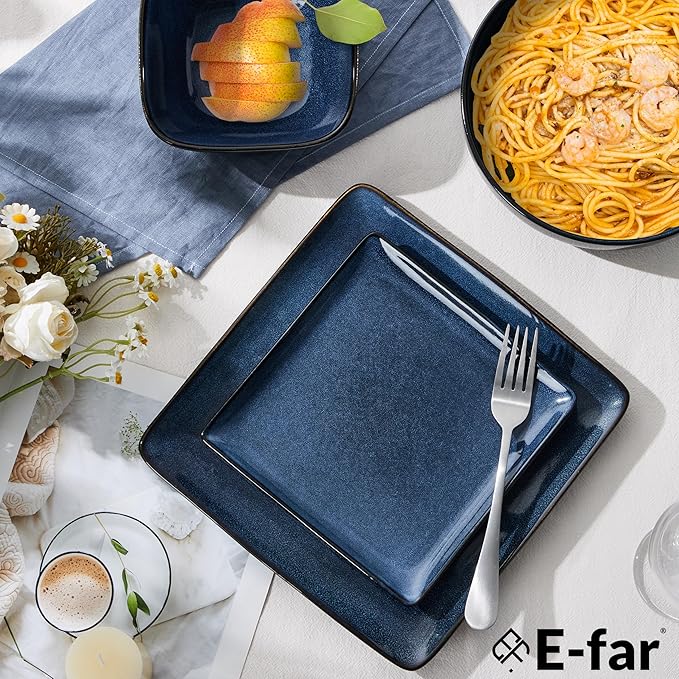 E-far Square plates and bowls Sets for 6, 18-Piece Reactive Glaze Stoneware Dinnerware Sets, Porcelain Dishware Sets for Kitchen Home, Microwave & Dishwasher Safe, Deep Sea Blue