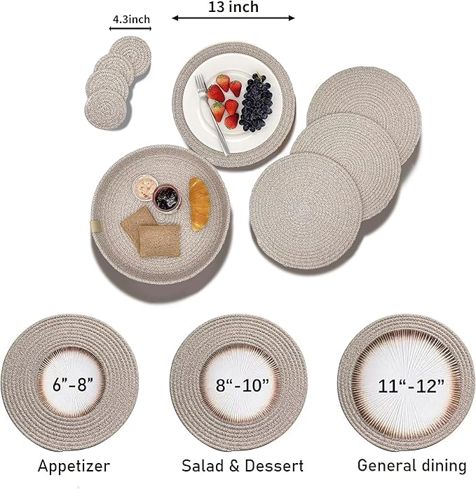 Art PineCone's Woven Cotton Rope Round Placemats Set of 4 with Holder Included, Non-Slip, and Heat Resistant Shabby Chic Placemats (Taupe Mix, 13 inch Plus Coaster)
