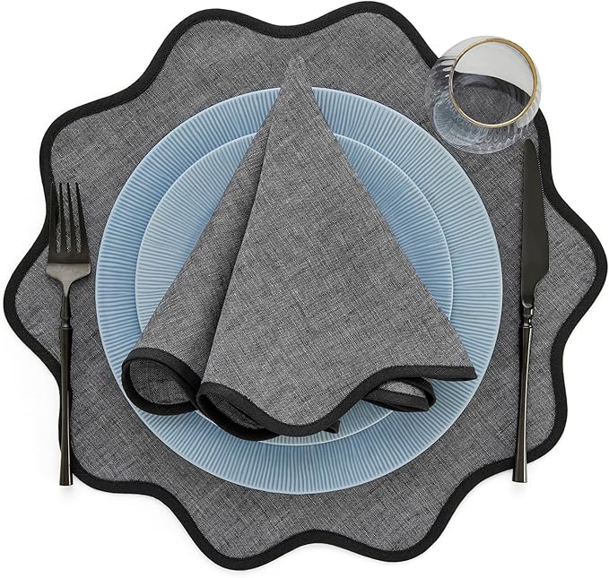 Solino Home Scallop Linen Placemats Set of 4-100% Pure Linen Black and Charcoal Grey Round Cloth Placemats 16 Inch for Christmas - Giselle Scallop Edge Handcrafted and Machine Washable