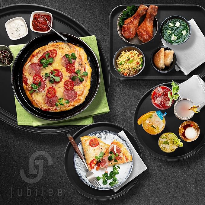 Jubilee (Set of 4) 14" Round Restaurant Serving Trays, Black - NSF Certified Non-Slip Food Service Tray