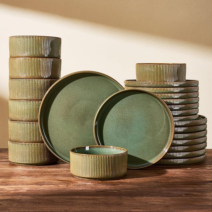 24-Piece Dinnerware Set Service for 8, Famiware Premium Stoneware Dish Set with Ribbed Plates and Deep Bowls, Double Reactive Glaze, Chip & Scratch Resistant, Microwave & Dishwasher Safe, Moss