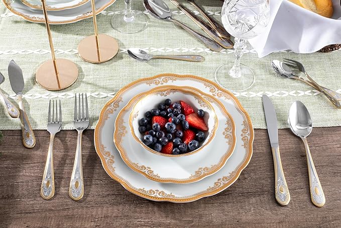 40 Piece Flatware Set - Includes 5 Piece Hostess Set - Vintage Design Handle with Gold Detailing - 18/10 Stainless (45 Piece, Lucca)