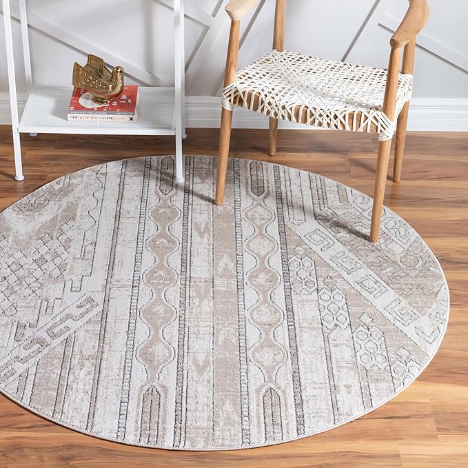 Rugs.com Oregon Collection Rug – 4 Ft Round Ivory Low-Pile Rug Perfect for Kitchens, Dining Rooms