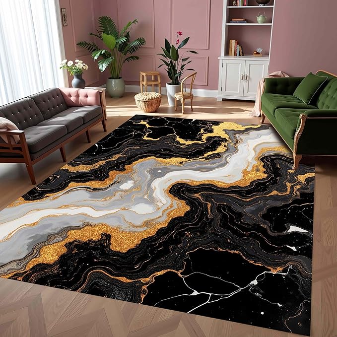Marble Wavy Pattern Lux Art Aesthetic Deco Indoor Area Rug for Living Room Bedroom Dining Room Soft Easy Clean Non Skid Rugs 2x3 Under Table Modern Cozy Mats Nursery Black White Gold Abstract Carpet