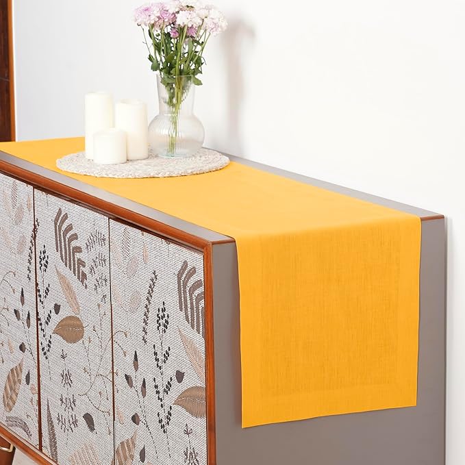 D'Moksha Homes Linen Table Runner 54 Inches - 100% Pure Linen Sunflower Yellow Table Runner 14 x 54 Inch for Dresser, Coffee Tables, Winter, Christmas, Holiday, New Year - Machine Washable