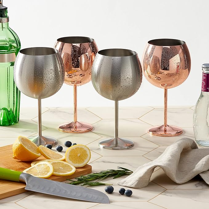 Oak & Steel - 24oz Big Gin and Tonic Glasses Set of 4 (Rose Gold) Stainless Steel, Balloon Glasses, Gin Cocktail for Wedding, Birthday, Beach & Pool Party