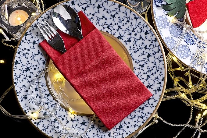 Red Dinner Napkins Cloth Like with Built-in Flatware Pocket, Linen-Feel Absorbent Disposable Paper Hand Napkins for Kitchen, Bathroom, Parties, Weddings, Dinners or Events, Pack of 50