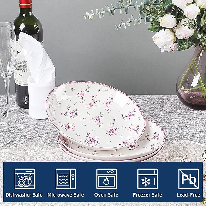 fanquare 8 Inch Porcelain Salad Bowls Set of 4, Round Floral Plates Set for Soup, Pasta, Dessert, Fruit
