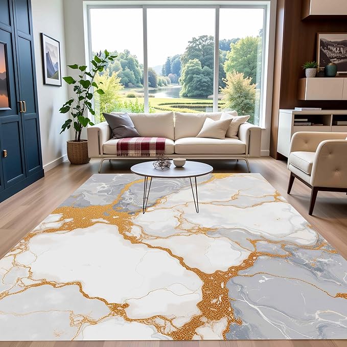 Throw Rug 10x12 for Living Room Bedroom Modern Abstract Grey White Gold Marble Texture Indoor Area Rugs Under Dining Room Table Washable Non Skid Soft Big Carpet Unique Art Deco Home Office Floor Mat