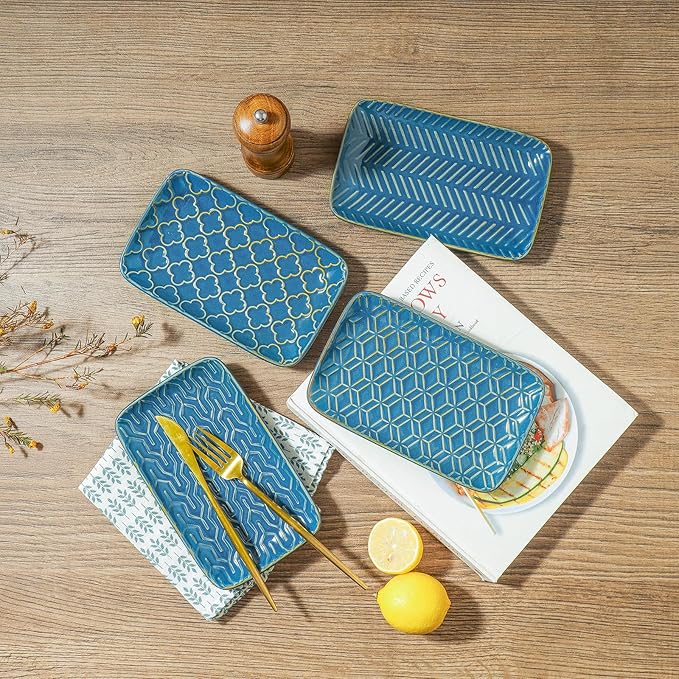 Sureasy Ceramic Salad Plates, Rectangular Appetizer Plates 8 inch, Small Serving Plates for Entertaining, Small Dinner Plates Set for Dessert, Sushi, Embossed Porcelain Dish, Set of 4, Blue