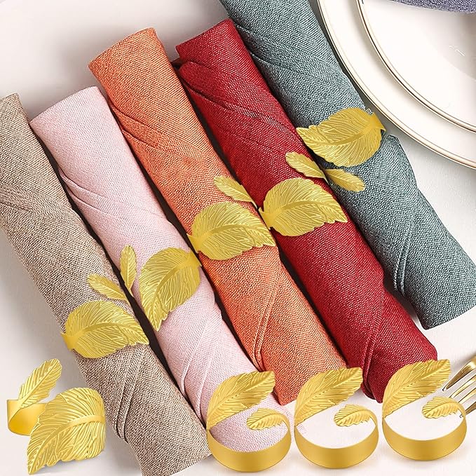 Gold Napkin Rings Set of 24 Metal Leaf Napkin Rings Cloth Napkin Holder for Weddings, Valentines Day, Holiday, Receptions, Dinner Party, Banquet, Buffet Table Decor
