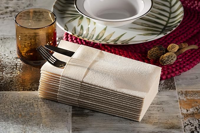 Ivory Dinner Napkins Cloth Like with Built-in Flatware Pocket, Linen-Feel Absorbent Disposable Paper Hand Napkins for Kitchen, Bathroom, Parties, Weddings, Dinners or Events, 16x16 inches, Pack of 50