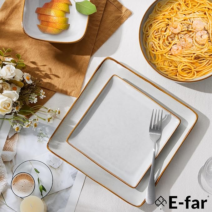 E-far Square Dinnerware Sets for 8, 24-Piece Stoneware Plates and Bowls Dishes Set, Reactive Glaze Porcelain Dishware Sets, Chip & Scratch Resistant, Microwave & Dishwasher Safe, Seashell White