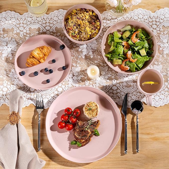 GBHOME 24-Piece Ceramic Dinnerware Set for 6, Handpainted Plates, Pasta Bowls & Bowls Set with Rustic Terracotta Underside, Scratch-Resistant, Dishwasher & Microwave Safe,Speckled Glaze Pink