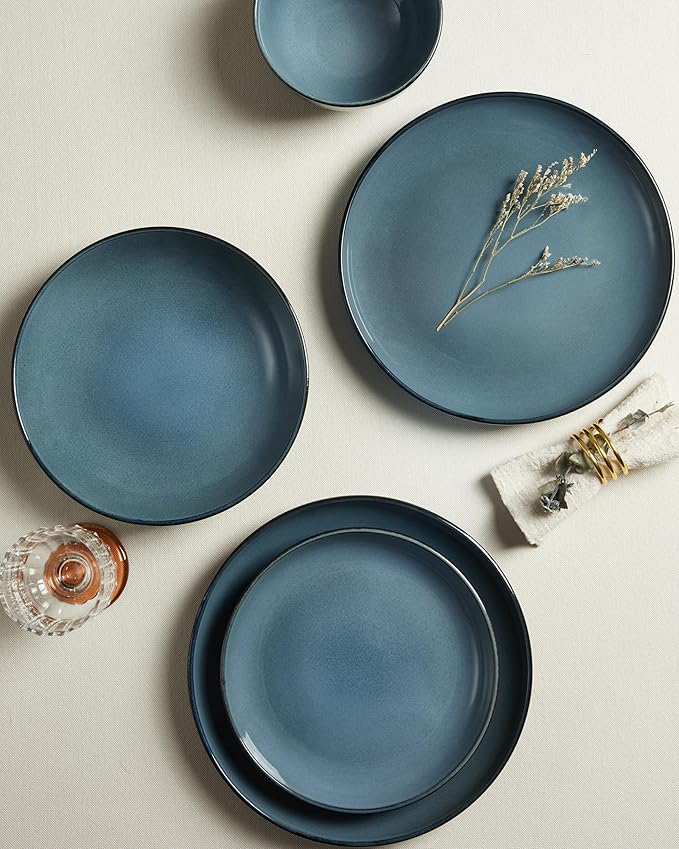 16 Piece Double Bowl Dinnerware Sets with Pasta Bowls, Highly Chip and Crack Resistant Plates and Bowls Sets, Natural Earthyware Ceramic Dishware Sets, Service for 4 Jeans Blue
