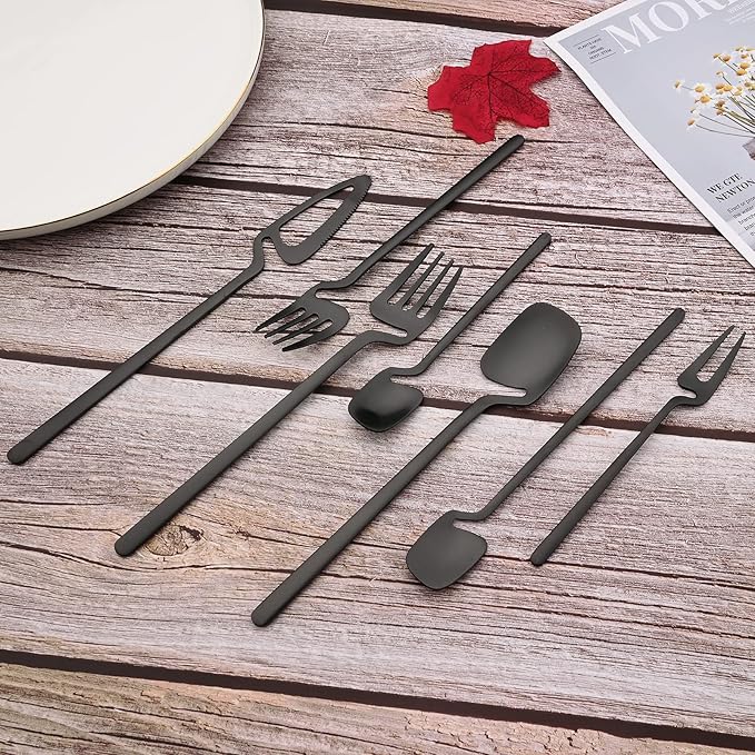 JASHII 28-Piece Silverware Set, 304 Stainless Steel Flatware Cutlery Set Service for 4, Metal Eating Utensil Set, Including Fruit Fork and Ice scoop, Hangable & Matte - Dishwasher Safe - Black