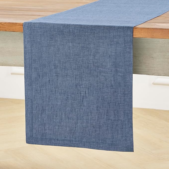 Solino Home Linen Table Runner 156 Inches Long - Athena, 100% Pure Linen Blue Denim Dining Table Runner 14 x 156 Inch for Spring, Easter