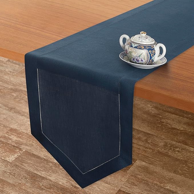 D'Moksha Homes Navy Blue Linen Table Runner 90 Inches Long - 100% Pure Linen Diamond Table Runner 14 x 90 Inch for Dining, Winter, Christmas, Holiday, New Year - Machine Washable