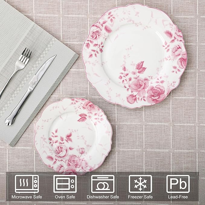 fanquare Pink Floral Dinner Plate Sets of 4, 10.5 Inch Large Round Porcelain Pasta Appetizer Steak Serving Dishes for Microwave & Dishwasher Safe