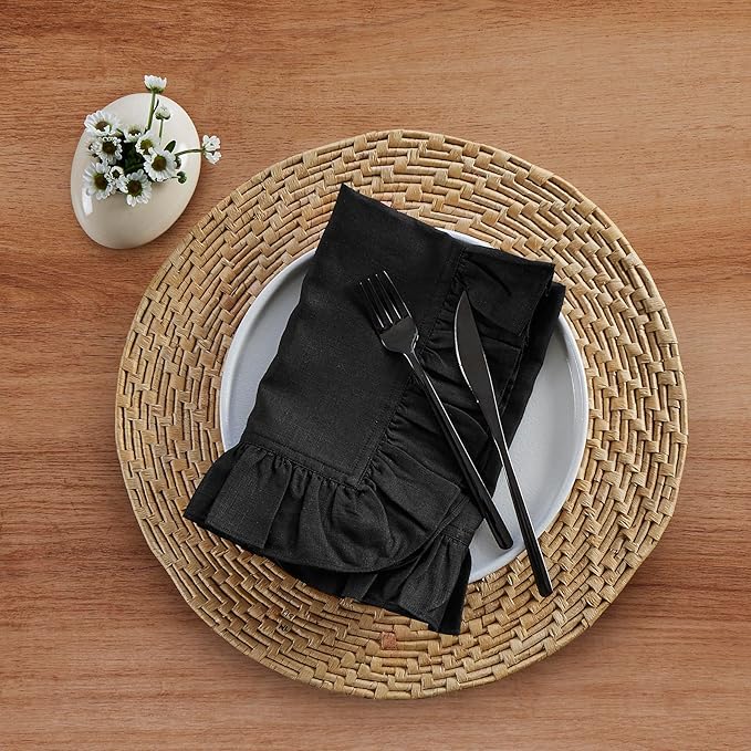 Solino Home Linen Ruffle Cloth Napkins Set of 4-100% Pure Linen Black Dinner Napkins 20 x 20 Inch for Winter, Christmas, New Year - Gabrielle Ruffle, Handcrafted and Machine Washable