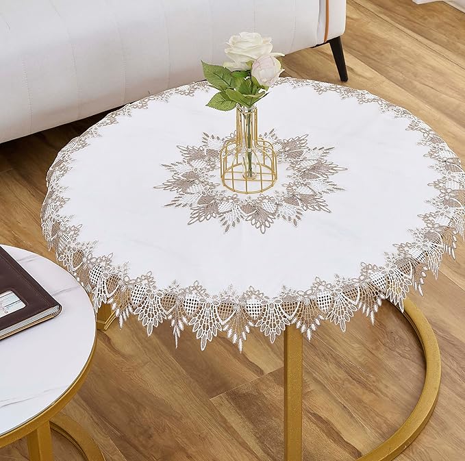 White Linen Decorative Lace Doily 33 inches Round Neutral Earth Tones Beige Lace Coffee Table Topper Dresser Scarf Place Mats (White, 33”Round)