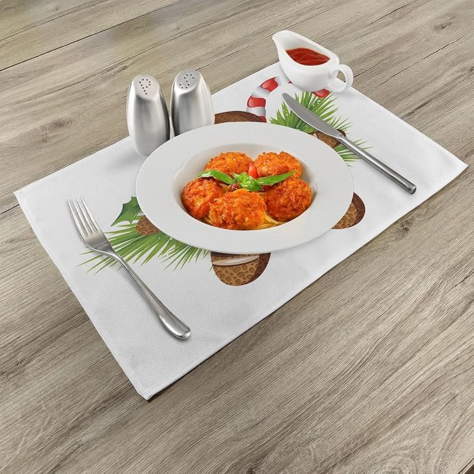 Ambesonne Gingerbread Man Place Mats Set of 8, Tasty Pastry on Coniferous Branches Candy Cane and Holly Berry, Washable Fabric Placemats for Dining Table, Placemat 8 pcs, Brown and Green