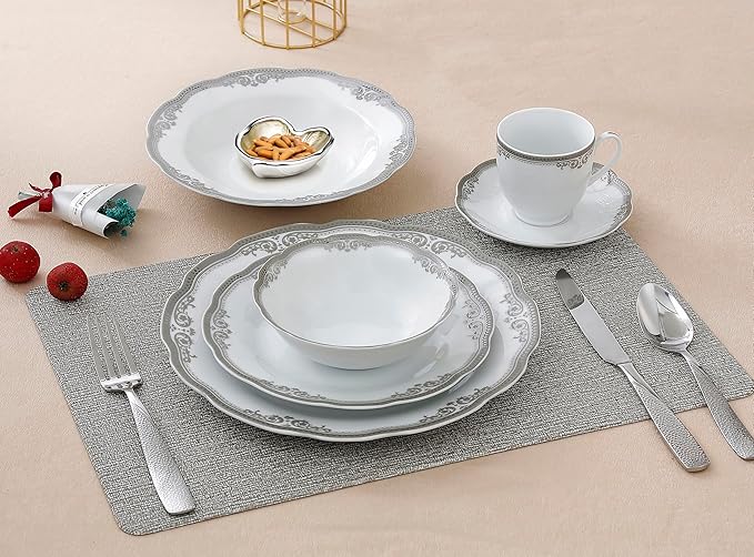 Lorren Home Trends Elizabeth-24 24 Piece Elizabeth Design Porcelain Wavy Edge Dinnerware Set, White