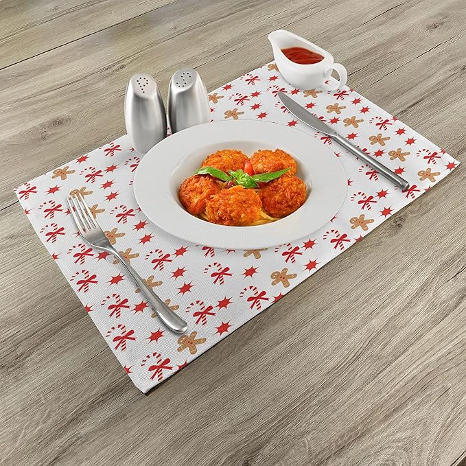 Ambesonne Gingerbread Man Place Mats Set of 8, Candy Cane Bowties Red Star Christmas Cookie Pattern, Washable Fabric Placemats for Dining Table, Placemat 8 pcs, Sand Brown Orange