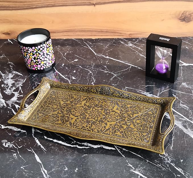 Metal Serving Tray with Raised Edges, Vintage Design Tray, Rectangular Metal Serving Tray, Decorative Serving Platter, Turkish Ottoman Coffee Tea Beverage Serving Square Tray (Aged Yellow)