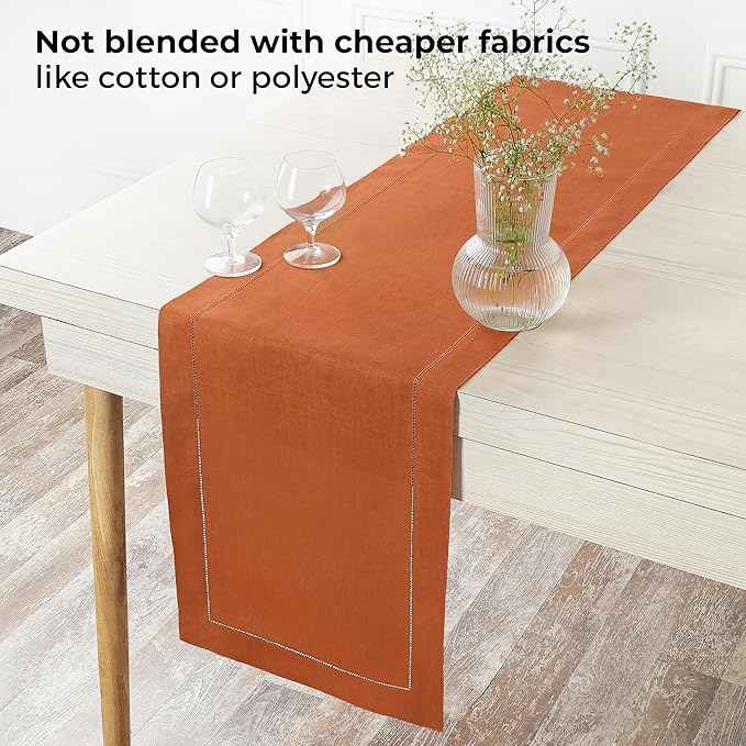 D'Moksha Homes Linen Rust Table Runner 120 Inches Long - 100% Pure Linen Hemstitch 14 x 120 Inch Table Runner for Dining and Winter, Christmas, Holiday, New Year - Classic Hemstitch