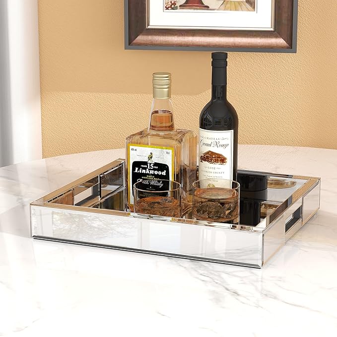 Mirrored Tray Decorative, 16x14x2.4 Silver Tray for Coffee Ottoman Trays for Living Room Perfume Jewelry Tray Bandejas Decorativas Wine Platter Modern Home Decor